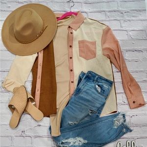 Shift Button Color Block Long Sleeve Women Shirt